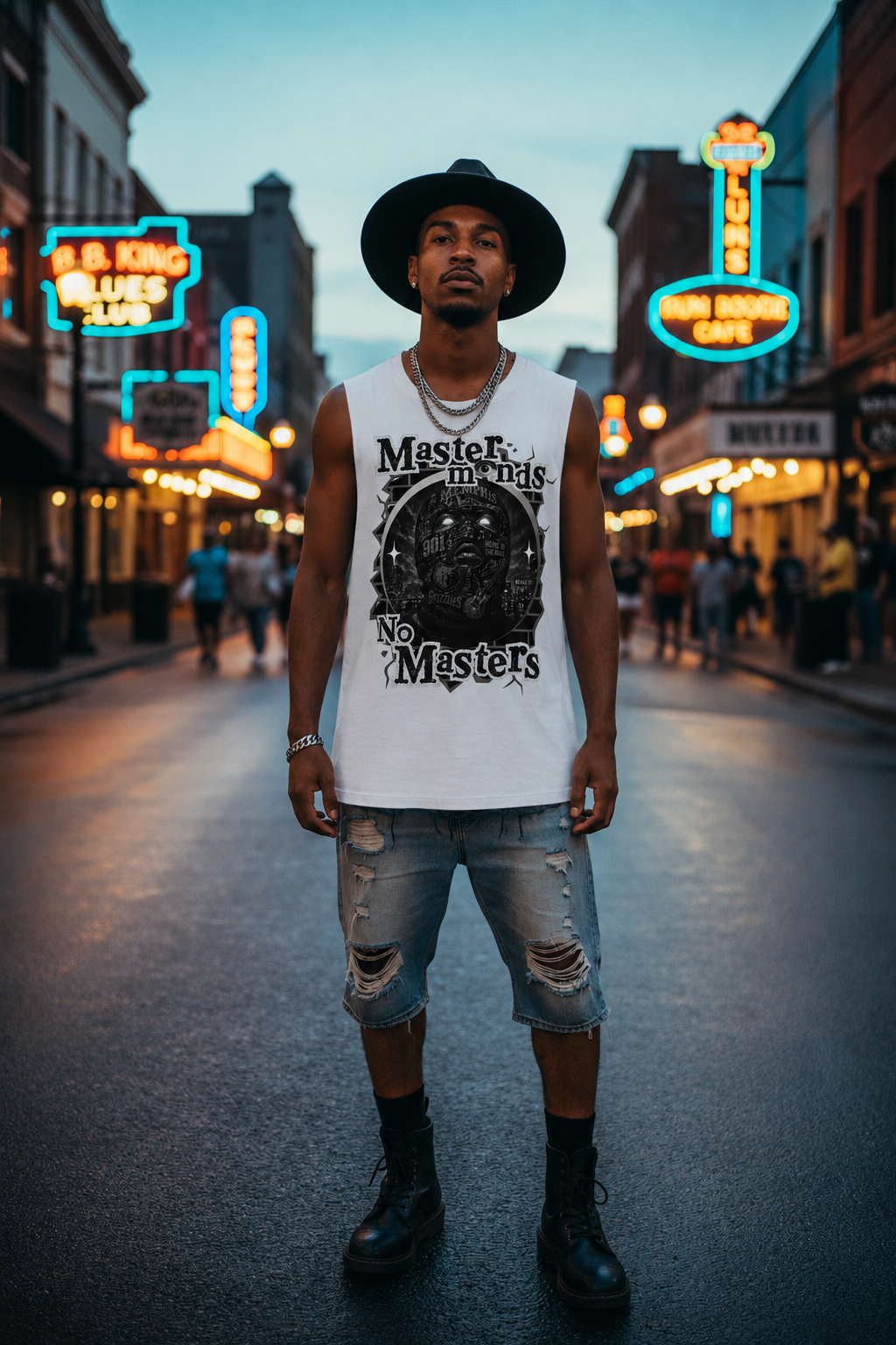 Male standing in the middle of a street in Memphis modeling a white raw edge tank top from the Masterminds No Masters collection