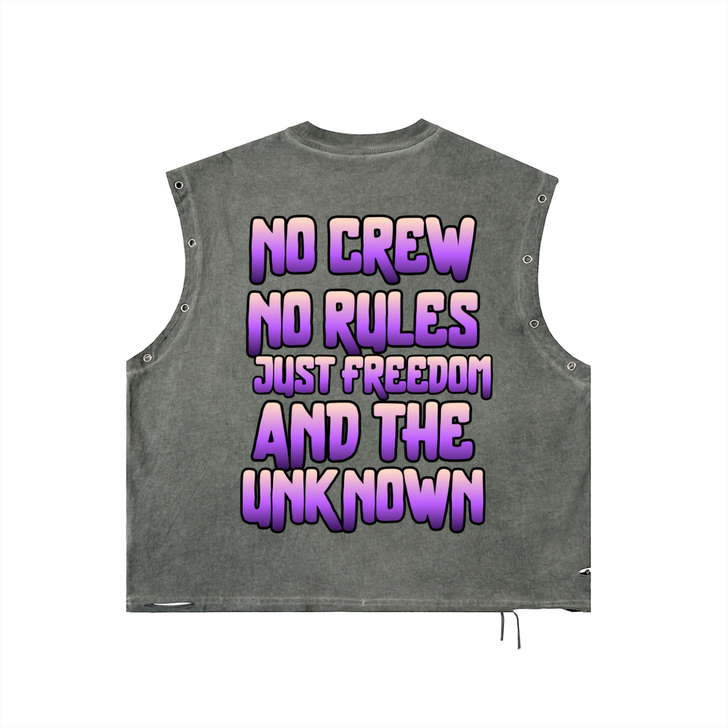 Gray vest with colorful text on a white background