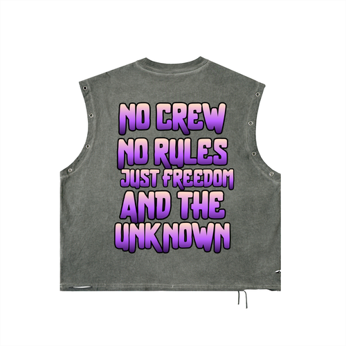 Gray vest with colorful text on a white background