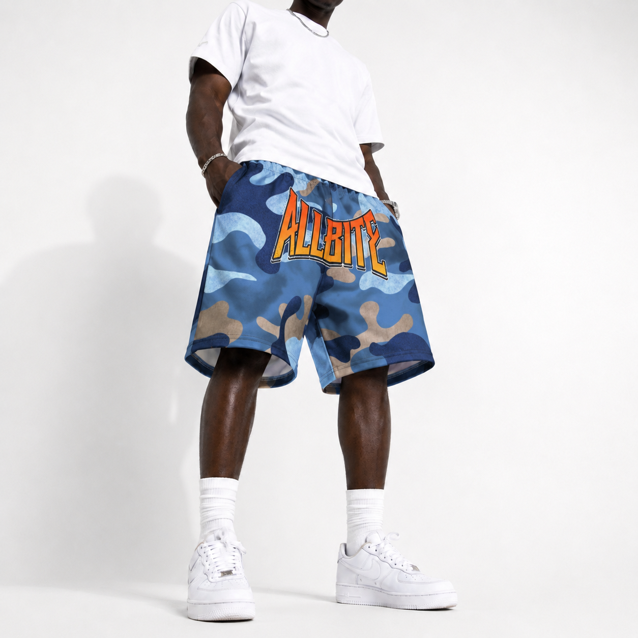 ALL BITE camo (blue) Unisex Athletic Long Shorts