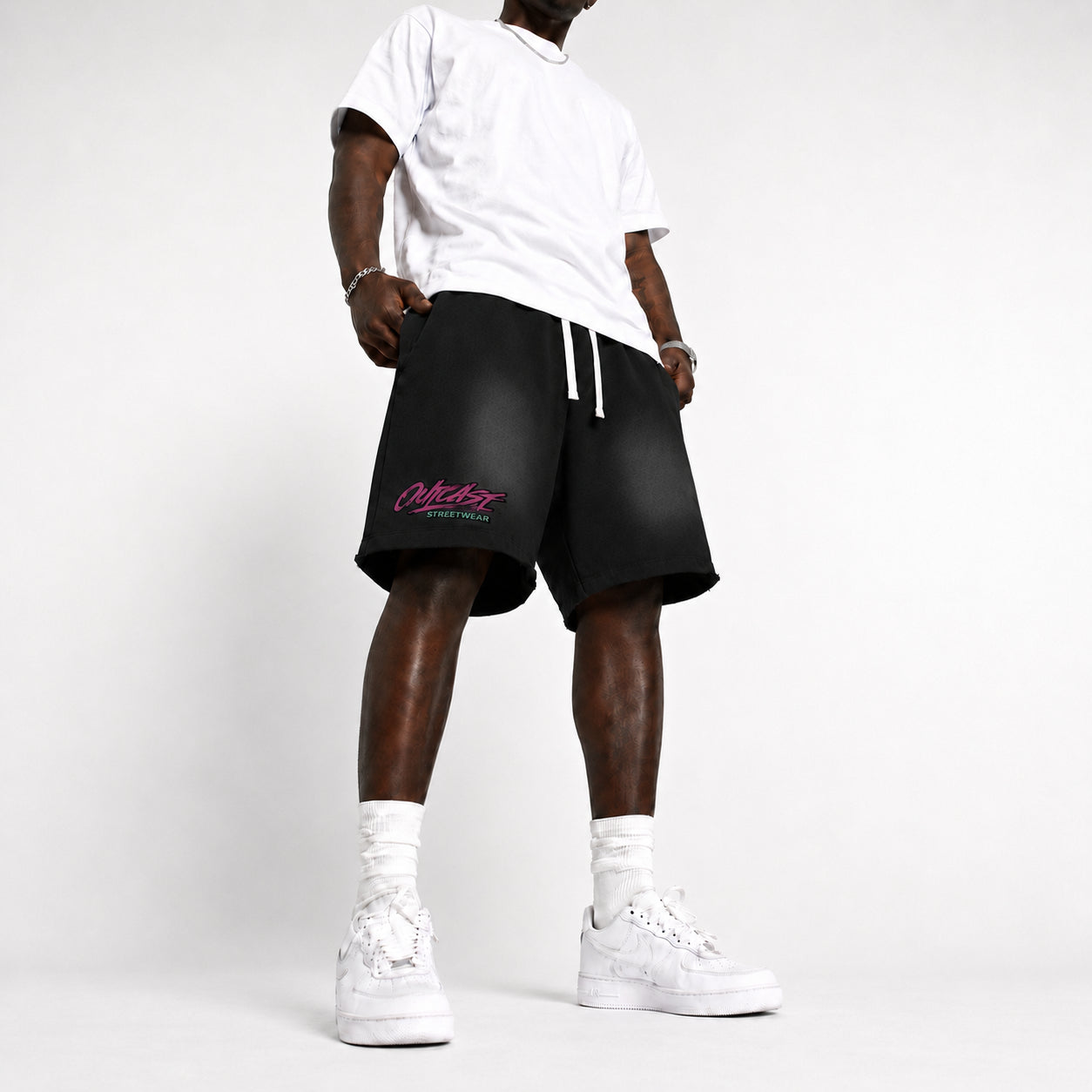 "Outcast Society" Sun Fade Raw Edge Cotton Shorts