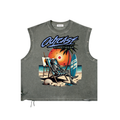 Gray sleeveless shirt with beach graphic and 'Outcast Streetwear' text on a white background
