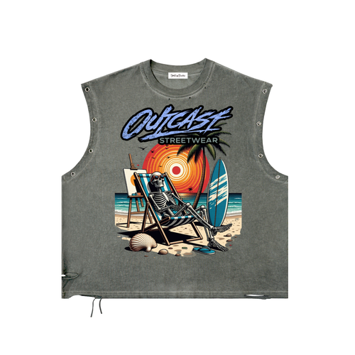 Gray sleeveless shirt with beach graphic and 'Outcast Streetwear' text on a white background