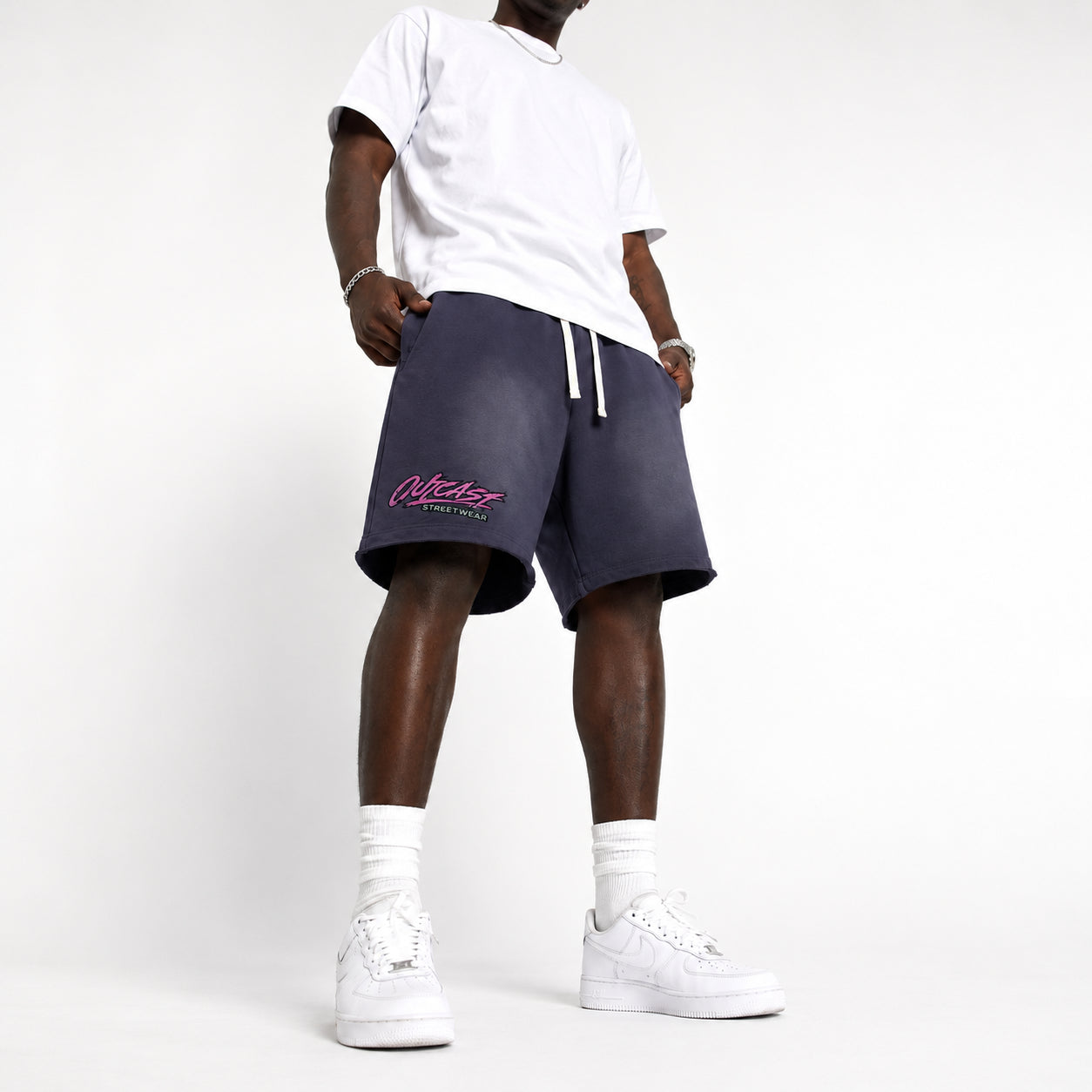 "Outcast Society" Sun Fade Raw Edge Cotton Shorts