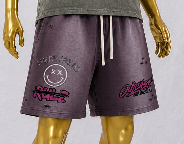 "Outcast Society" Sun Fade Distressed Shorts