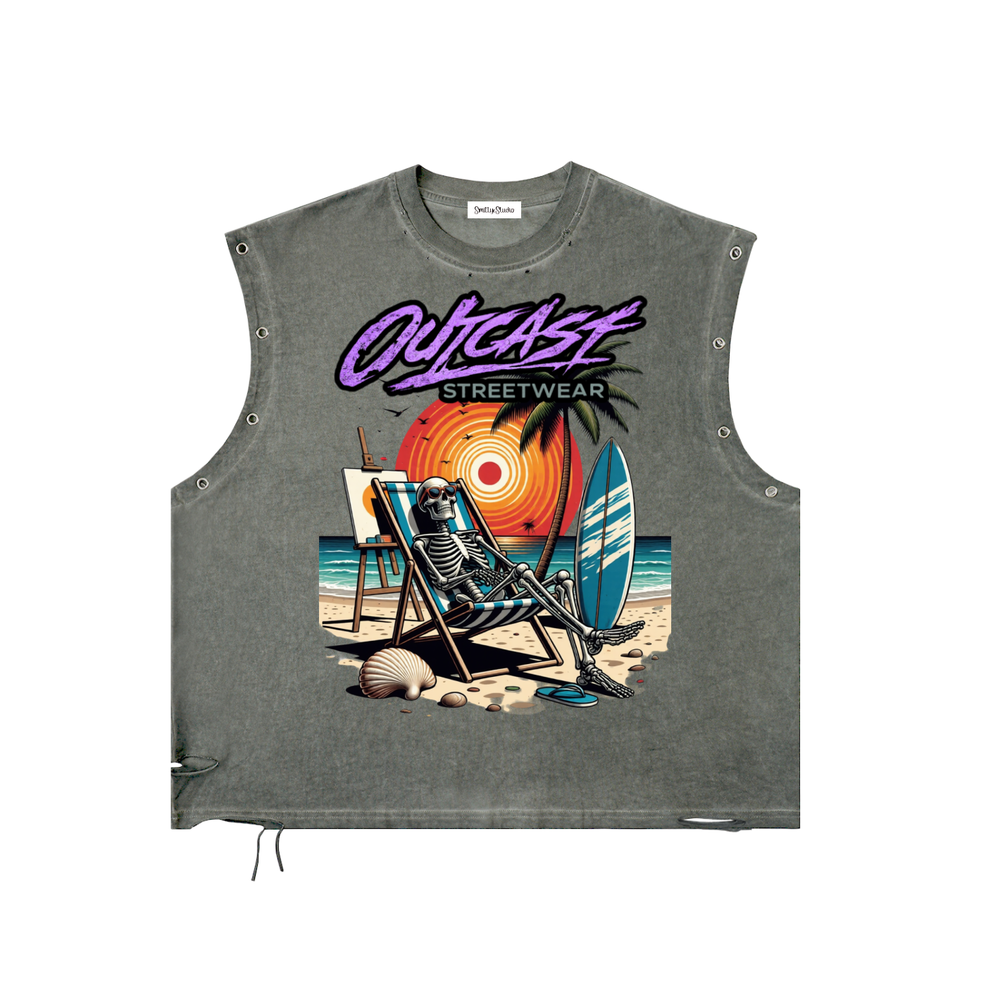 Gray sleeveless shirt with beach graphic and 'Outcast Streetwear' text on a white background