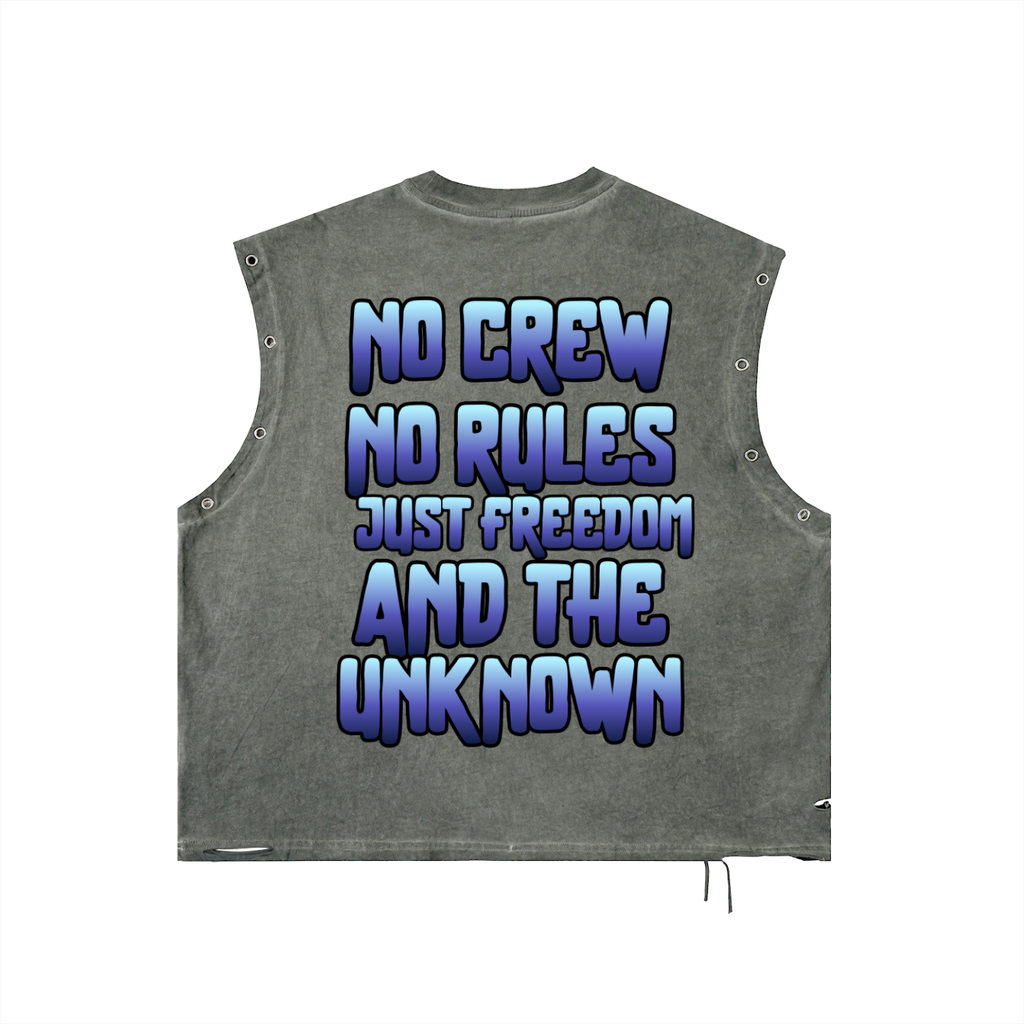 Gray vest with blue and purple text on a white background