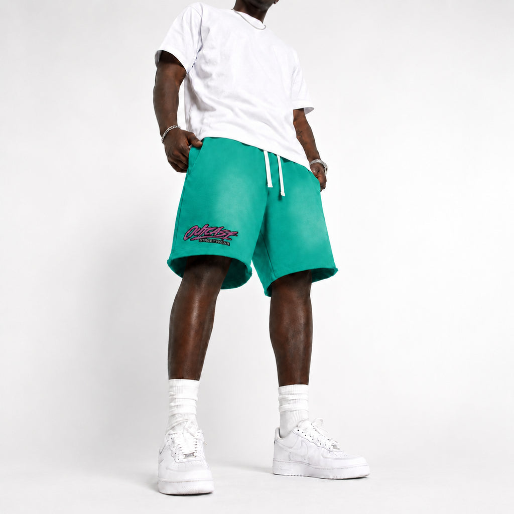 "Outcast Society" Sun Fade Raw Edge Cotton Shorts