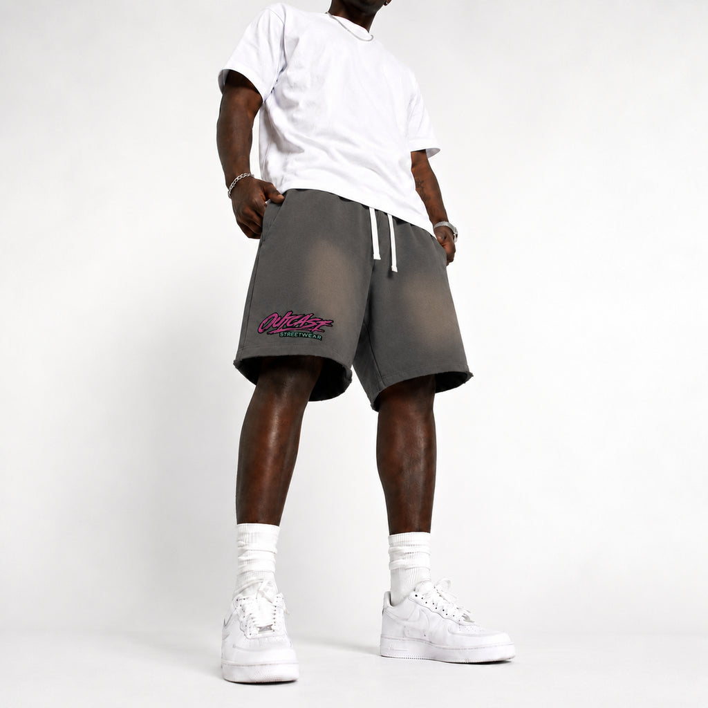 "Outcast Society" Sun Fade Raw Edge Cotton Shorts
