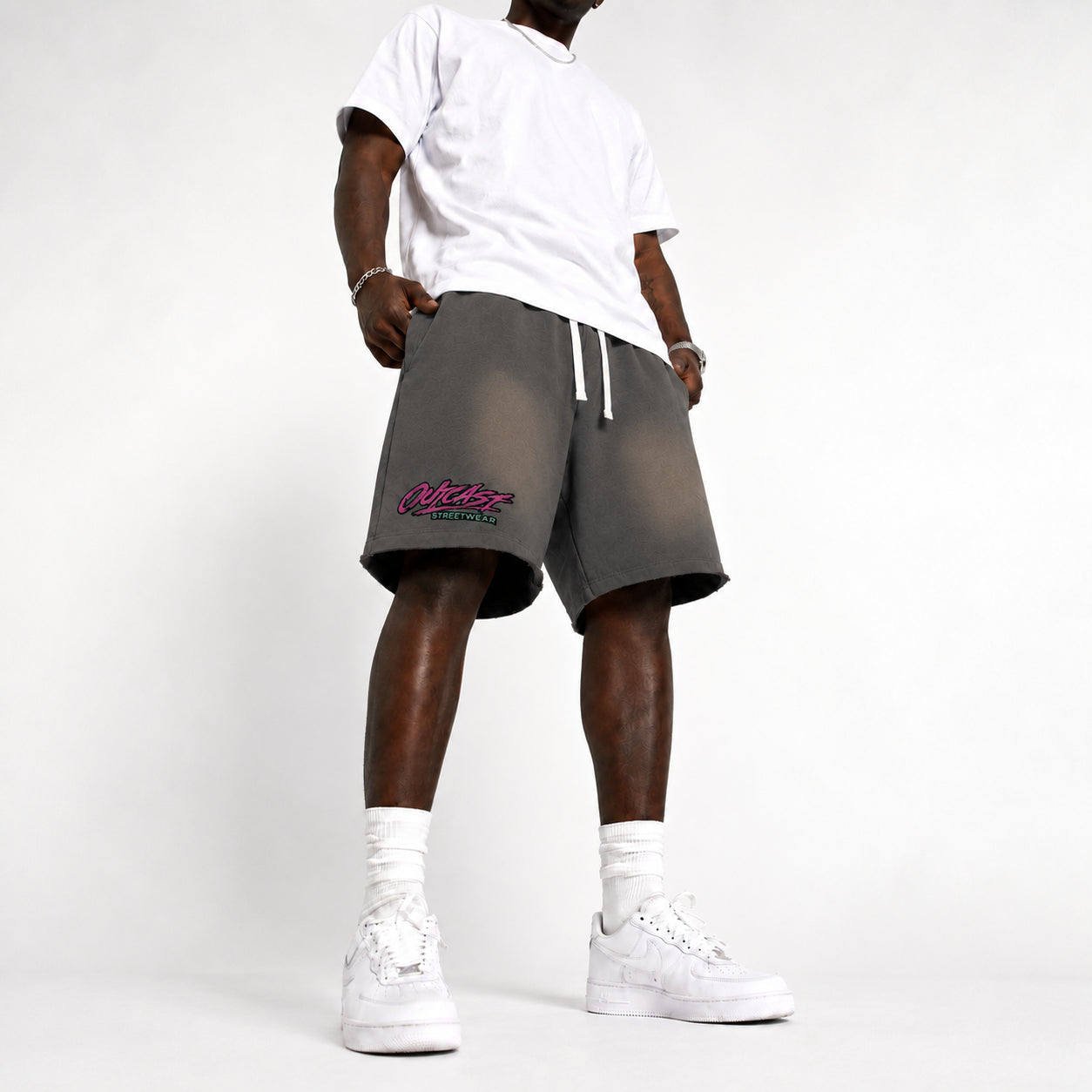 "Outcast Society" Sun Fade Raw Edge Cotton Shorts